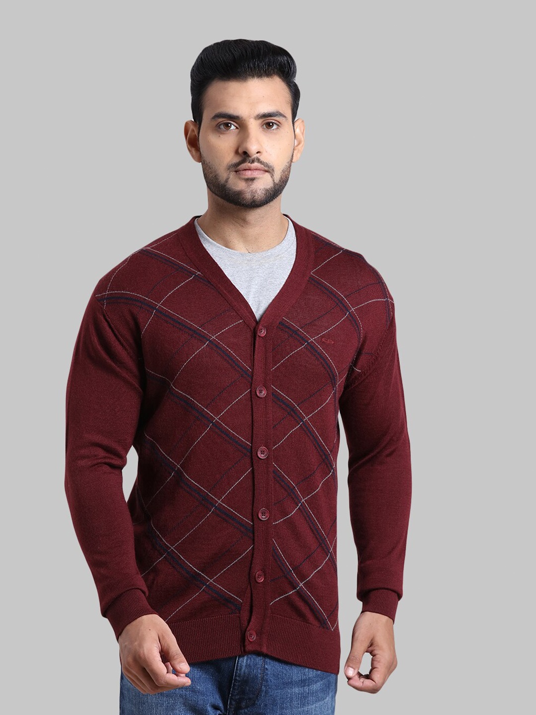 

ColorPlus Men Plus Size Maroon & White Printed Cardigan Sweater