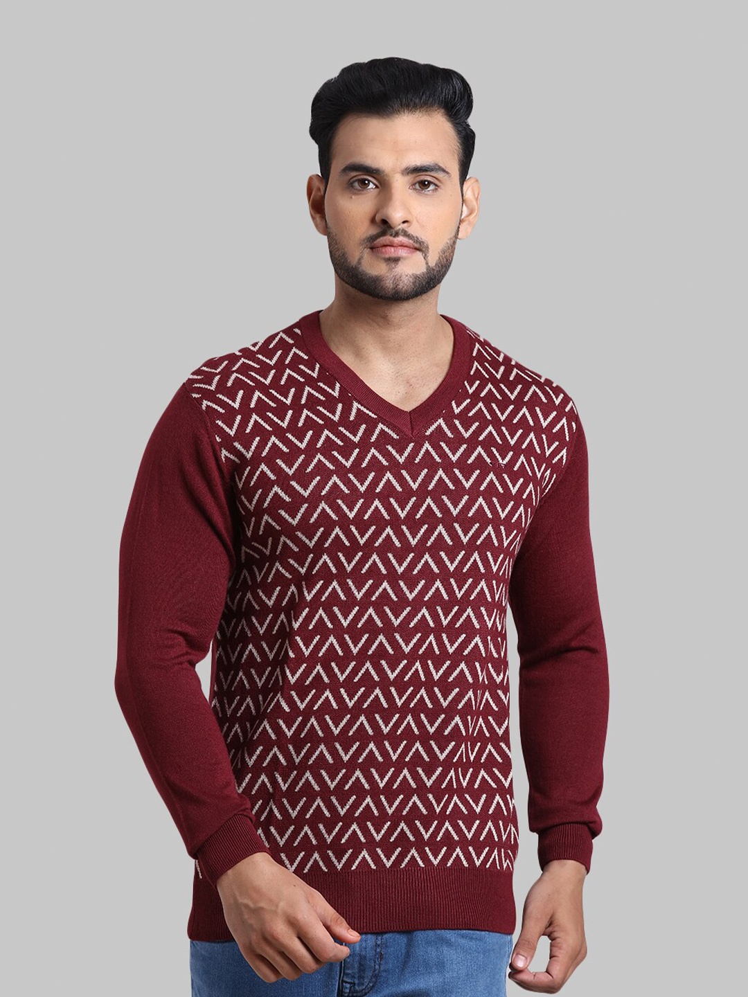

ColorPlus Men Maroon & White Cable Knit Pullover Sweater