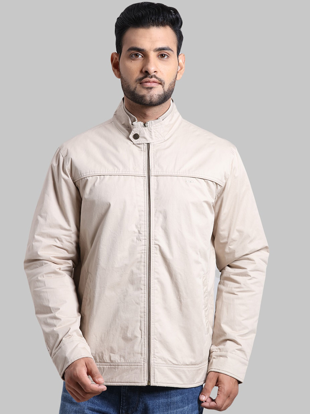 

ColorPlus Men Cream-Coloured Solid mock collar Open Front Jacket