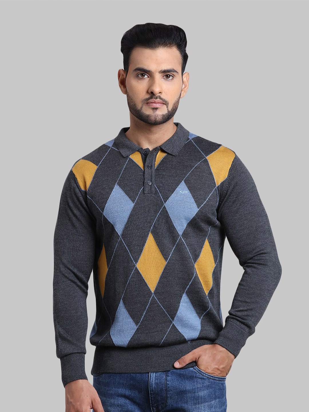 

ColorPlus Men Plus size Grey & Yellow Checked Printed Pullover