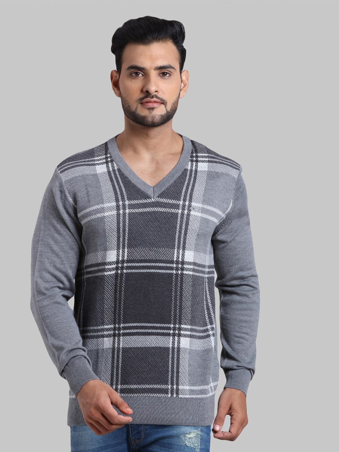 

ColorPlus Men Plus Size Grey & White Checked Pullover
