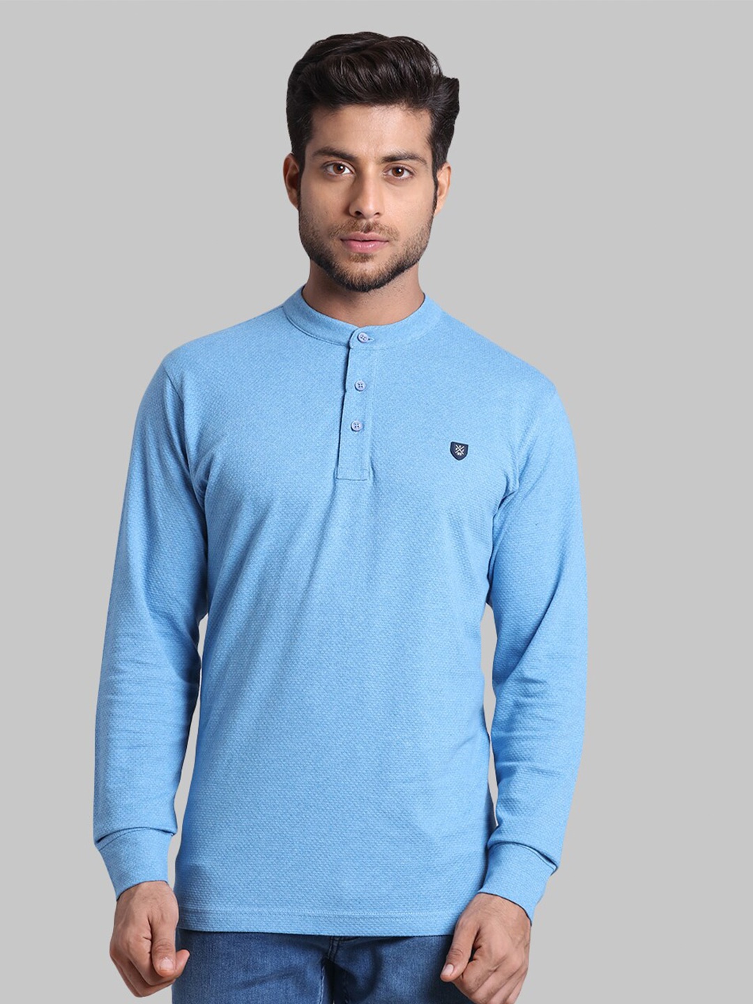 

ColorPlus Men Blue Solid Mandarin Collar Cotton T-shirt