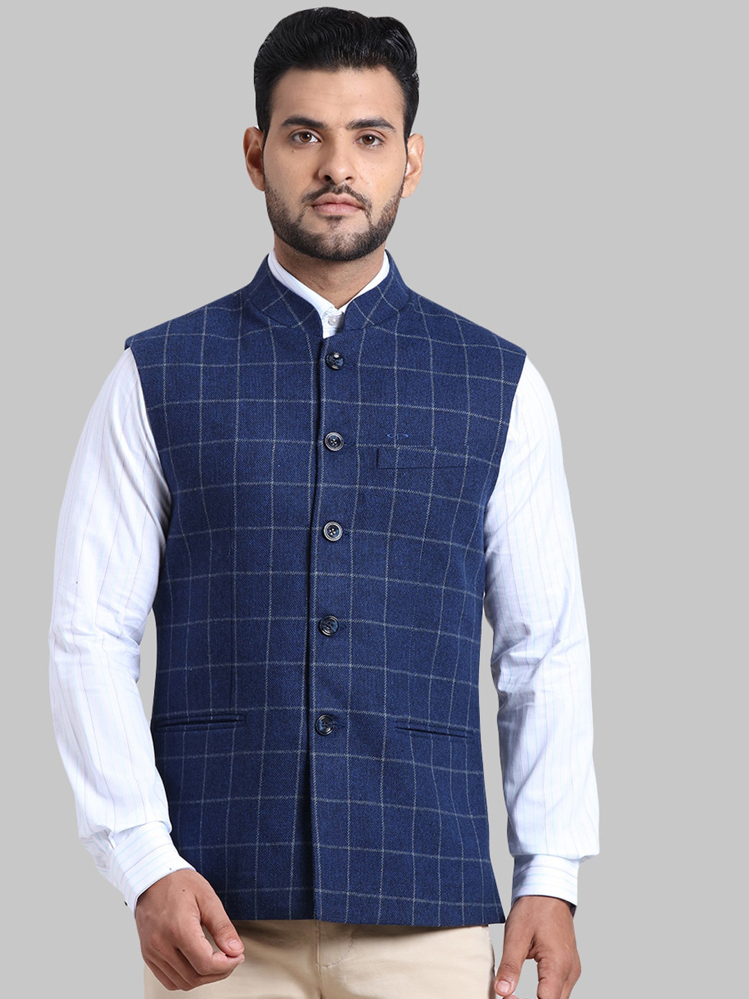 

ColorPlus Men Plus Size Blue Checked Nehru Jacket