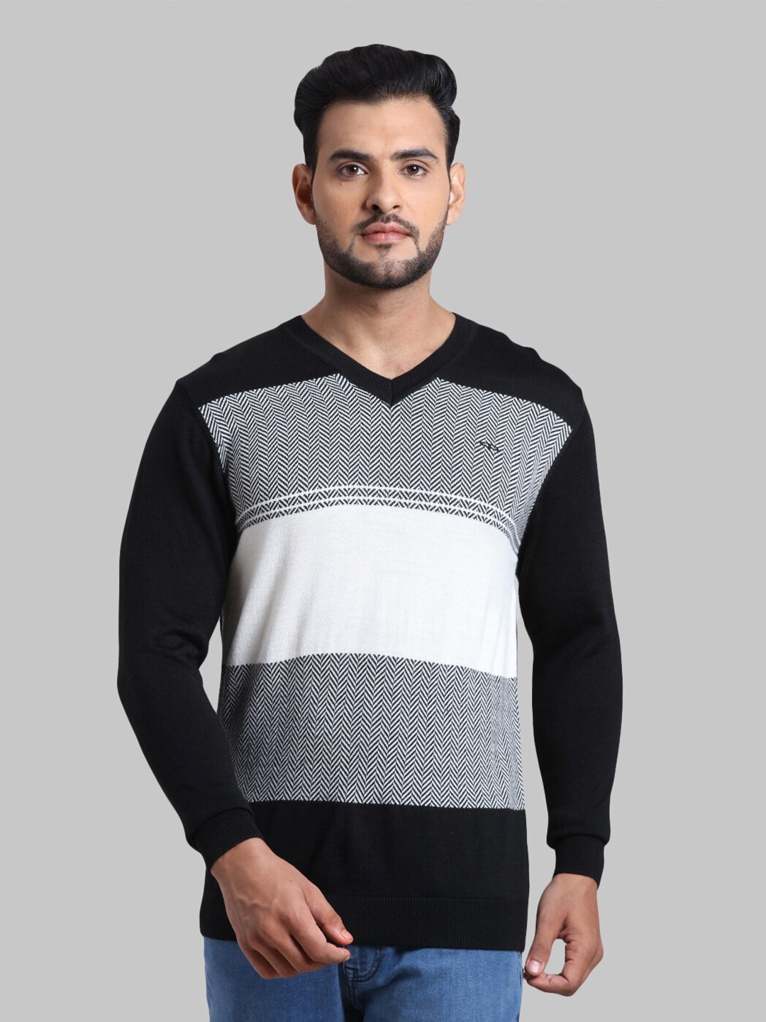 

ColorPlus Men Plus Size Black & White Colourblocked Pullover Sweater