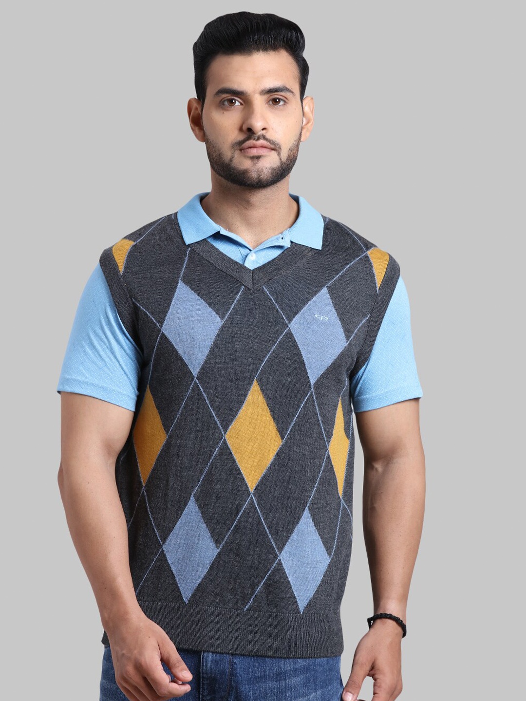 

ColorPlus Men Plus Size Grey & Blue Printed Sweater Vest