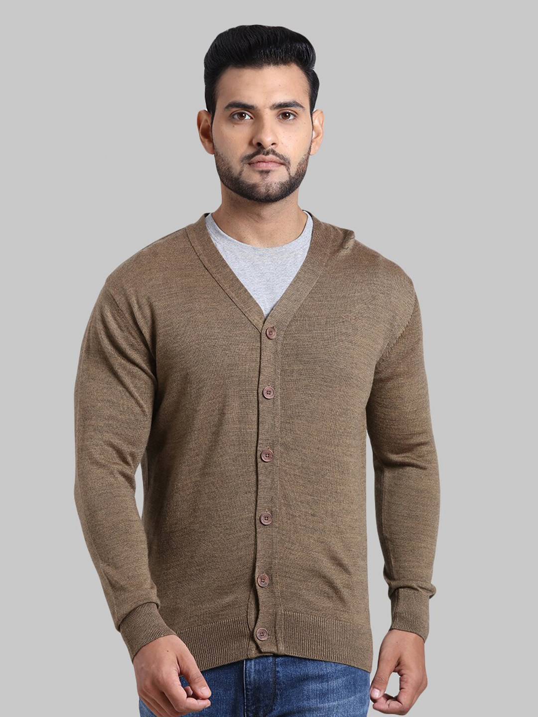

ColorPlus Men Brown Solid V-Neck Acrylic Cardigan