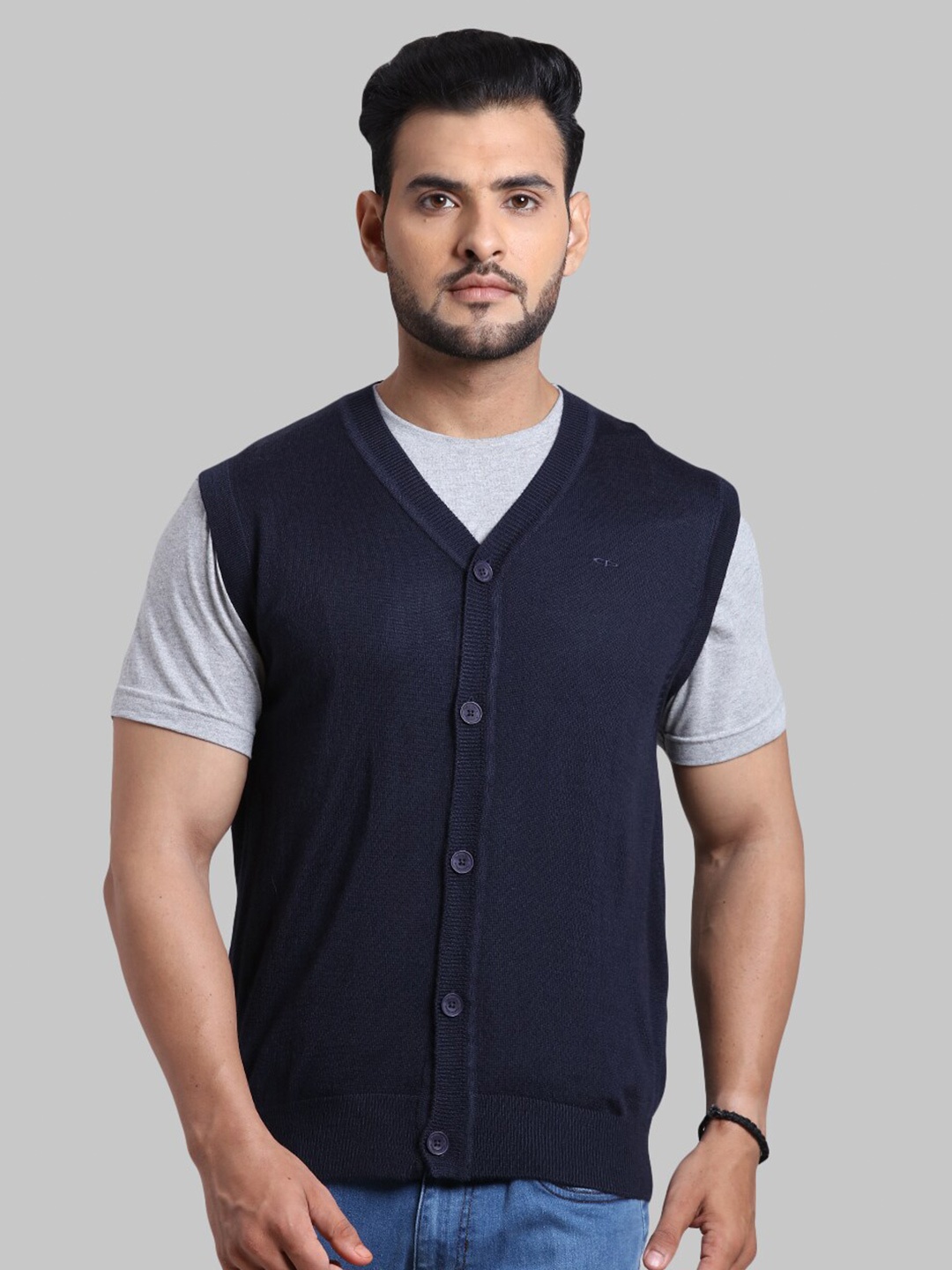 

ColorPlus Men Blue Solid Wool Sleeveless Cardigan Sweater