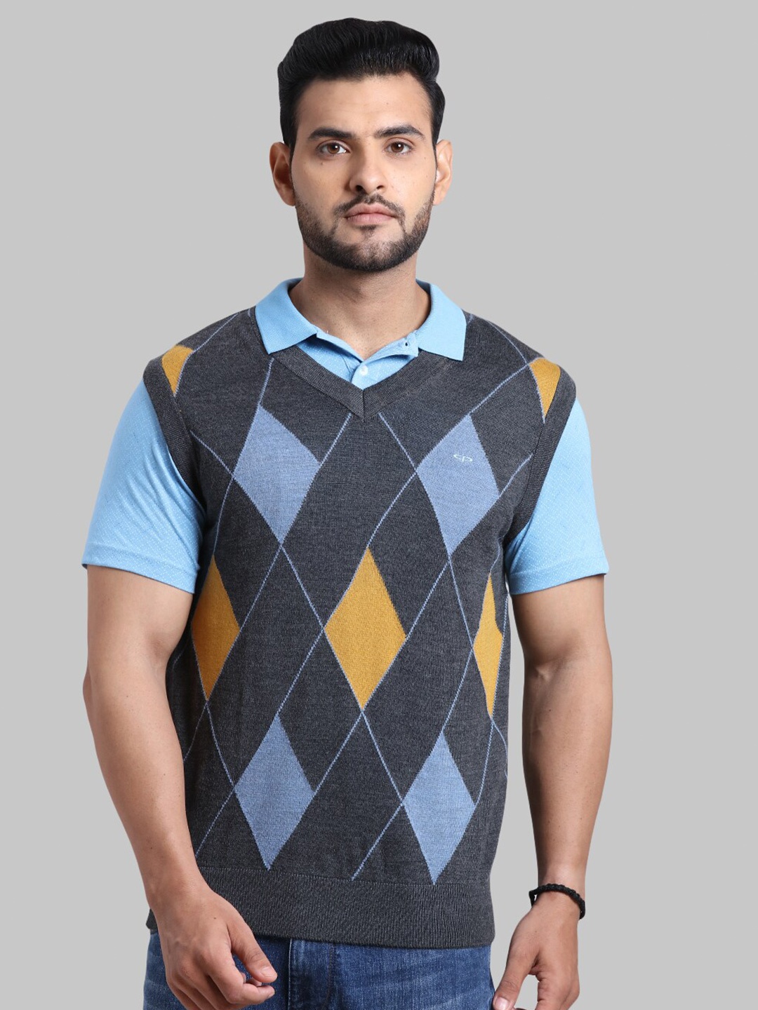

ColorPlus Men Grey And Blue Printed Sleeveless Acrylic Sweater Vest