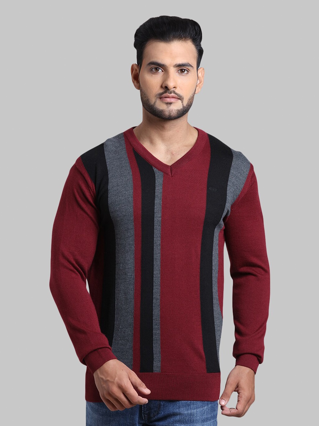 

ColorPlus Men Maroon & Grey Striped Pullover