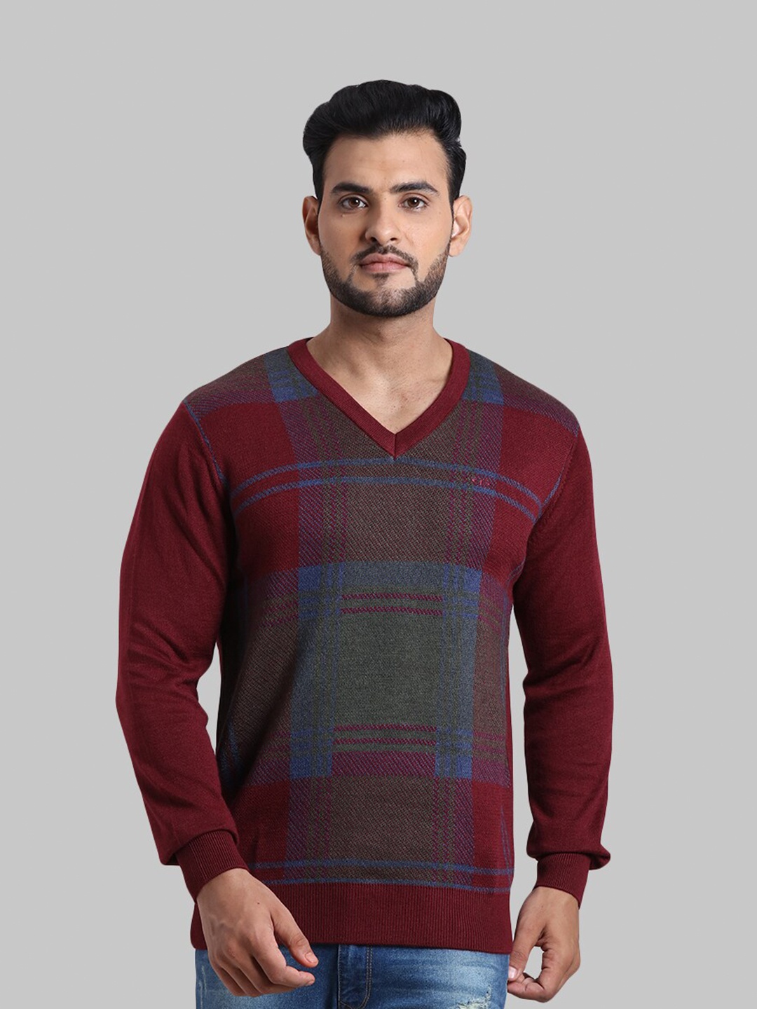 

ColorPlus Men Maroon & Blue Printed V-Neck Acrylic Pullover