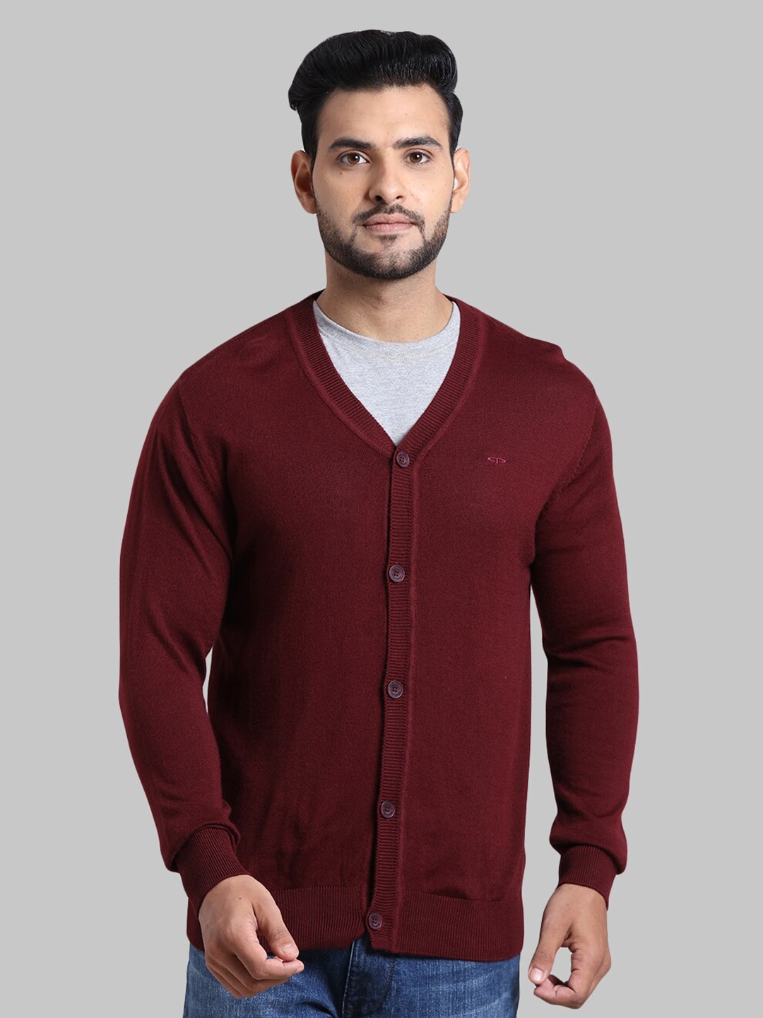 

ColorPlus Men Maroon Solid V-Neck Wool Cardigan