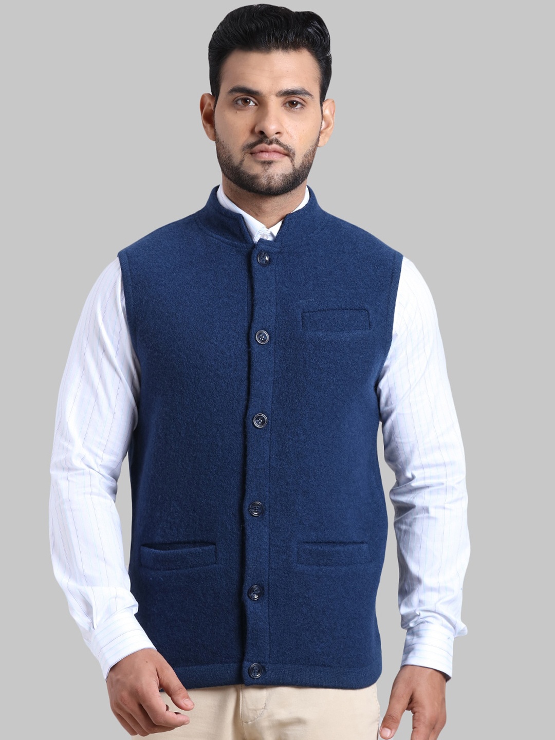 

ColorPlus Men Navy Blue Solid Sleeveless Tailored Jacket