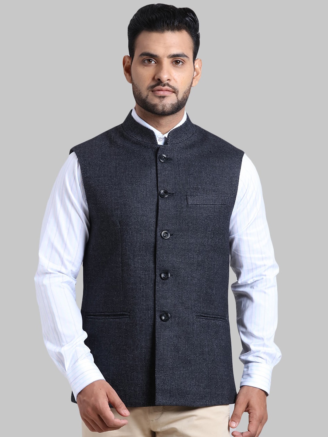 

ColorPlus Men Black Solid Nehru Jacket
