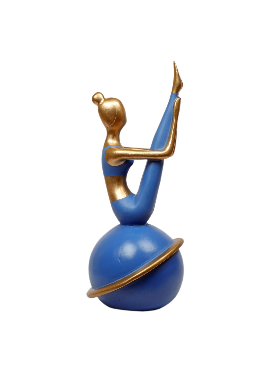 

TANSHA QUO Blue & Gold Lady Yoga Holding Legs Sitted Pose Sitting On The Ball