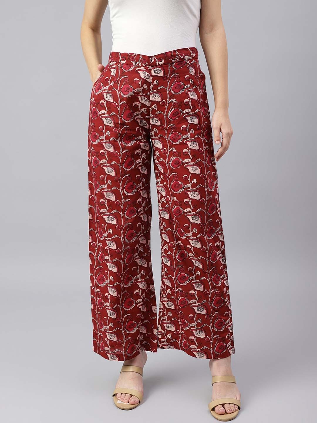 

DECKEDUP Women Maroon Floral Printed Relaxed Easy Wash Trousers
