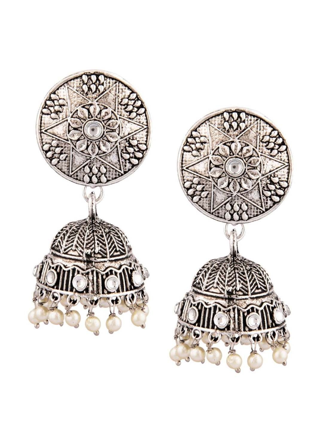 

Efulgenz White Circular Antique Floral Dangling Jhumkas Earrings