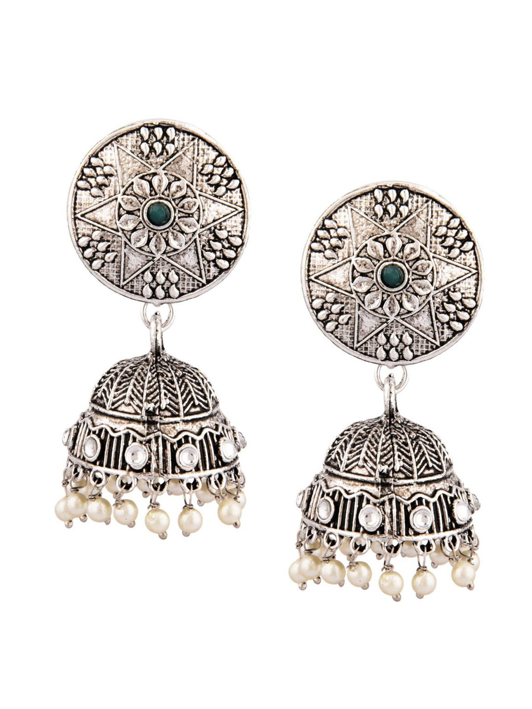

Efulgenz Rhodium-Plated Green Dome Shaped Jhumkas Earrings