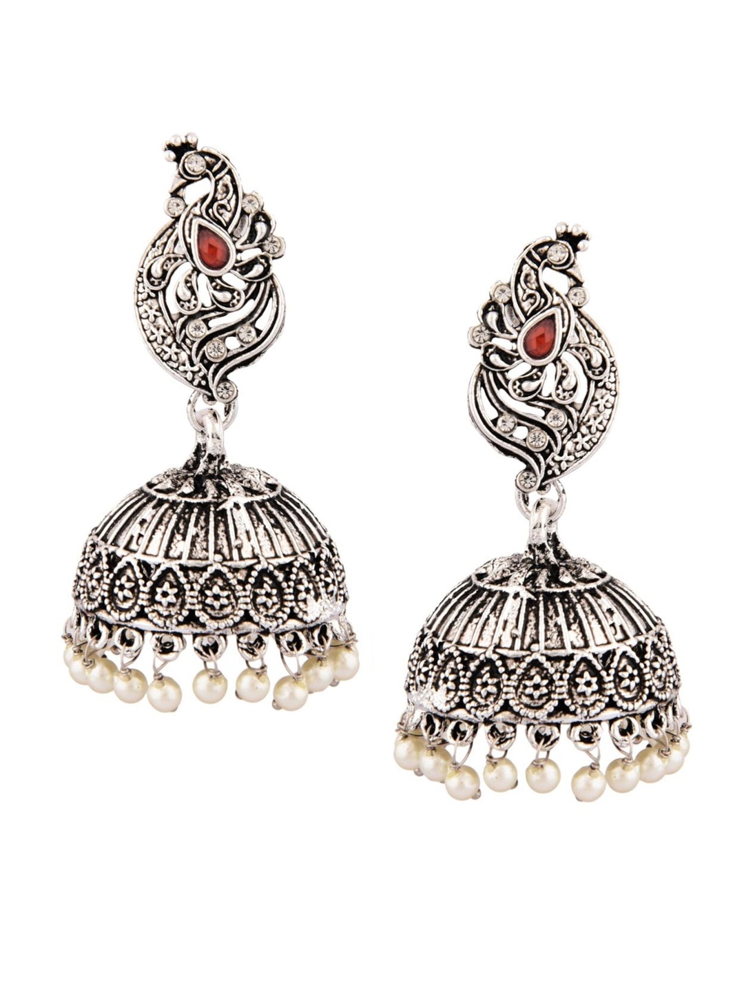 

Efulgenz Women qsSilver-Toned & Red Peacock Shaped Jhumkas Earrings, Silver
