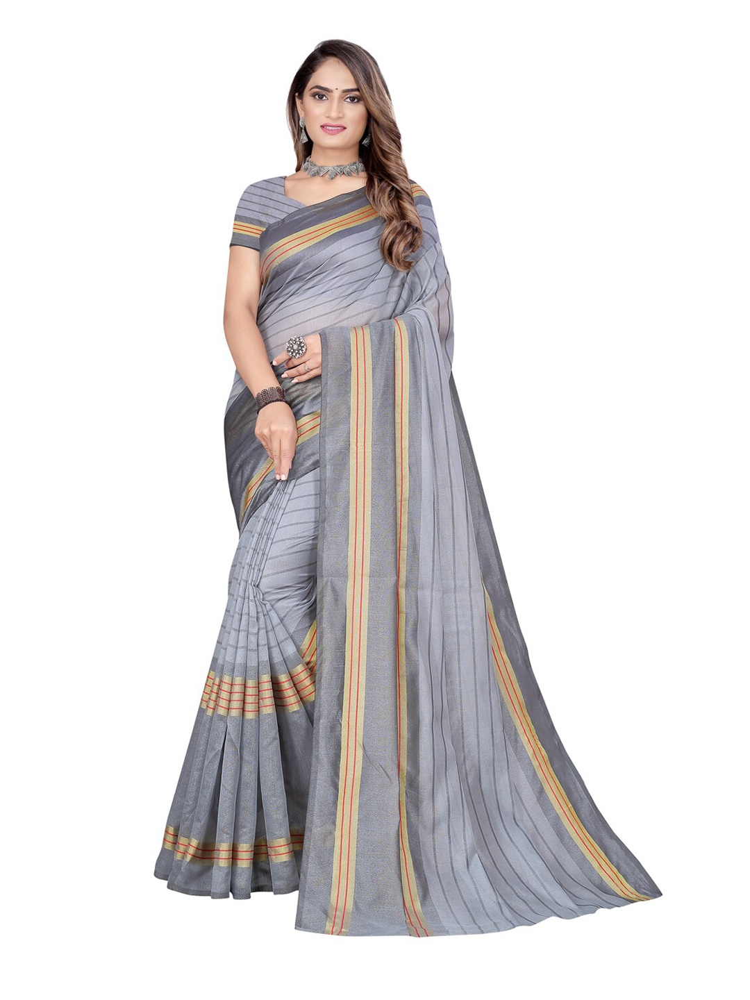 

Silk Bazar Grey & Gold-Toned Striped Cotton Silk Saree