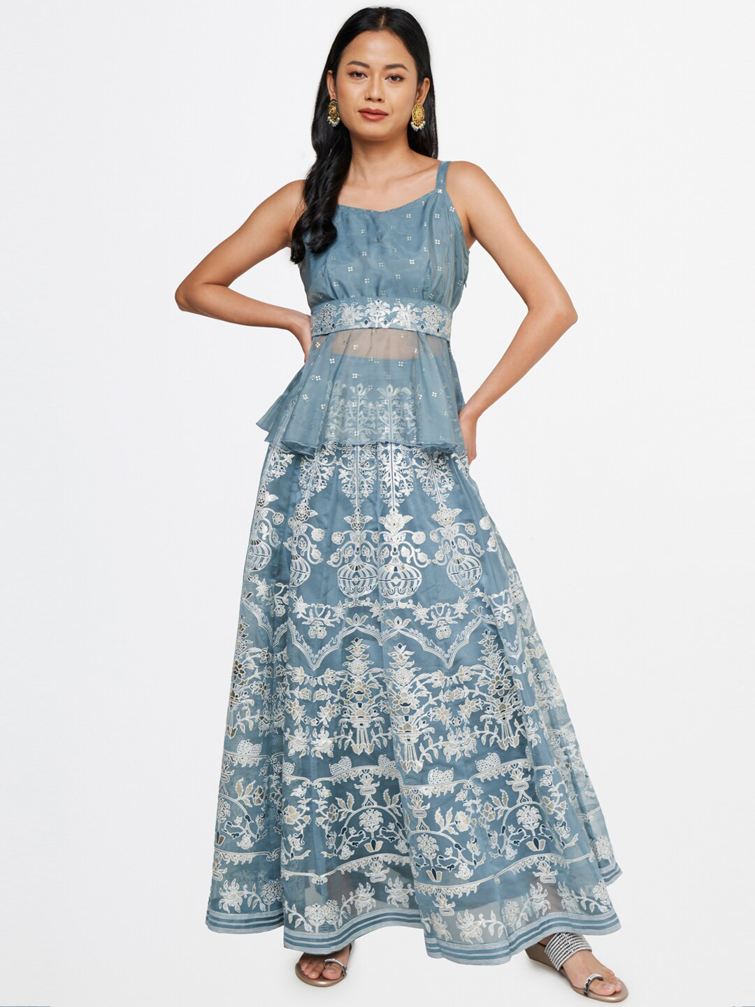 

Global Desi Women Grey Ethnic Motifs Printed Empire Kurti with Skirt And Belt