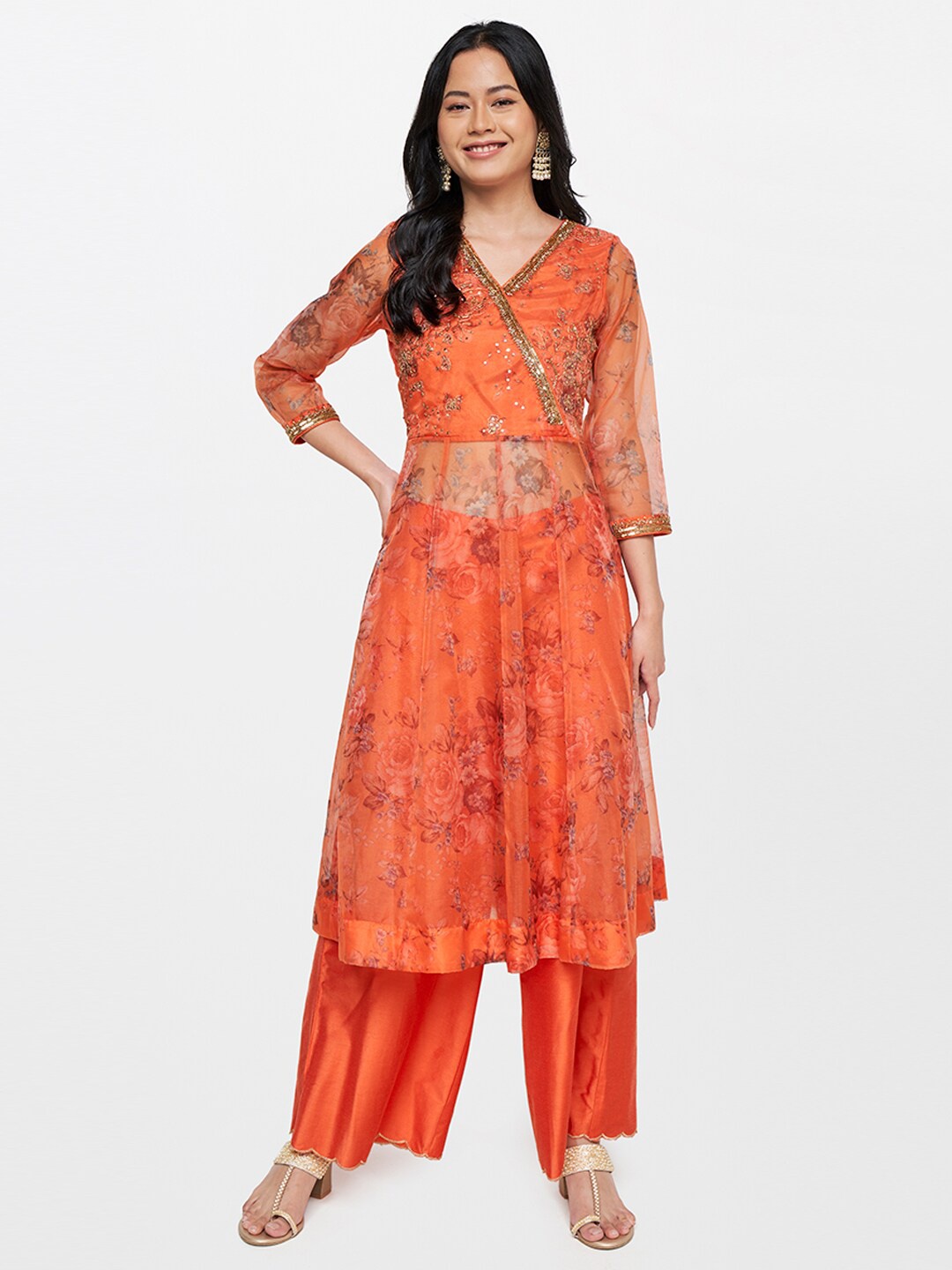 

Global Desi Women Orange Floral Printed Angrakha Kurta with Palazzo