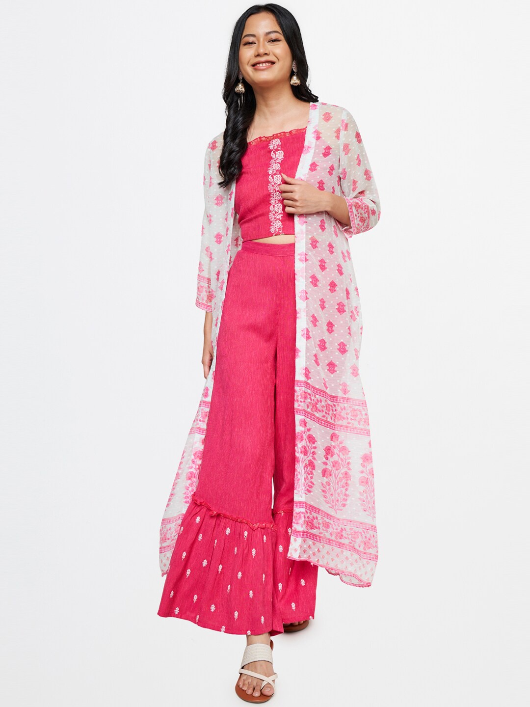 

Global Desi Women Pink Ethnic Motifs Embroidered Thread Work Top with Palazzos