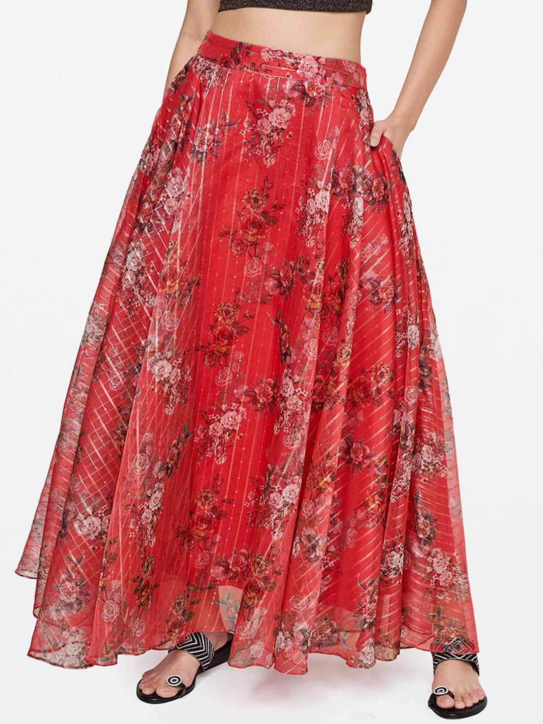 

Global Desi Women Pink Floral Flared Maxi Skirts