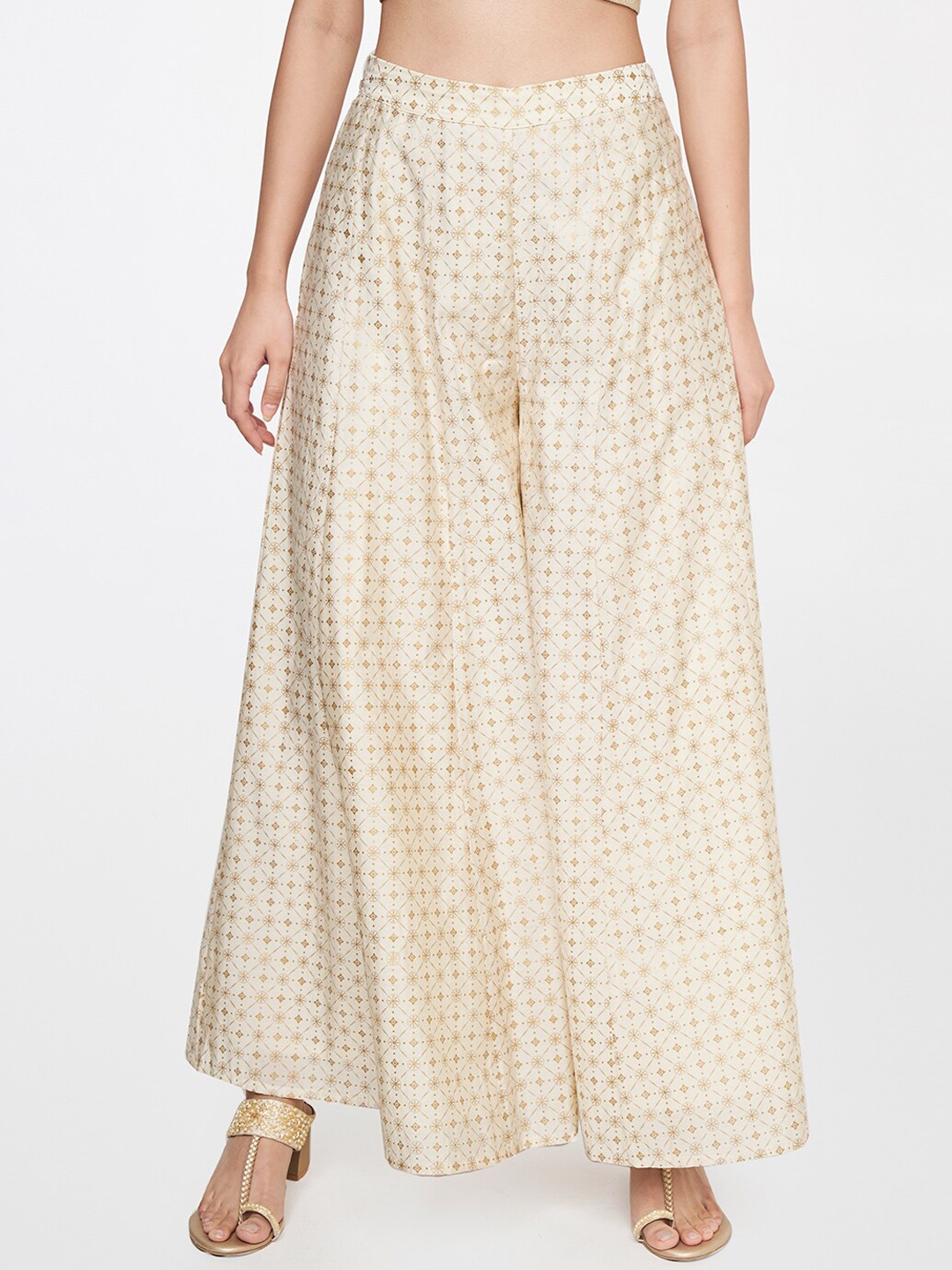 

Global Desi Women Beige Printed Loose Fit Pleated Trousers