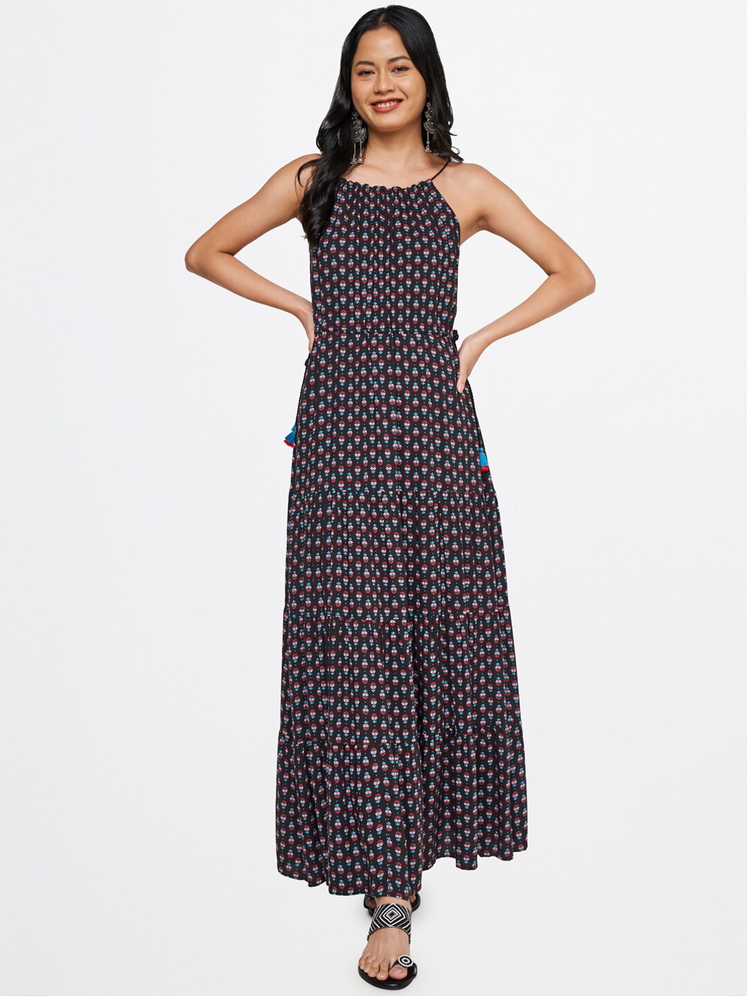 

Global Desi Black & Red Ethnic Motifs Printed Sleeveless Tiered Maxi Dress