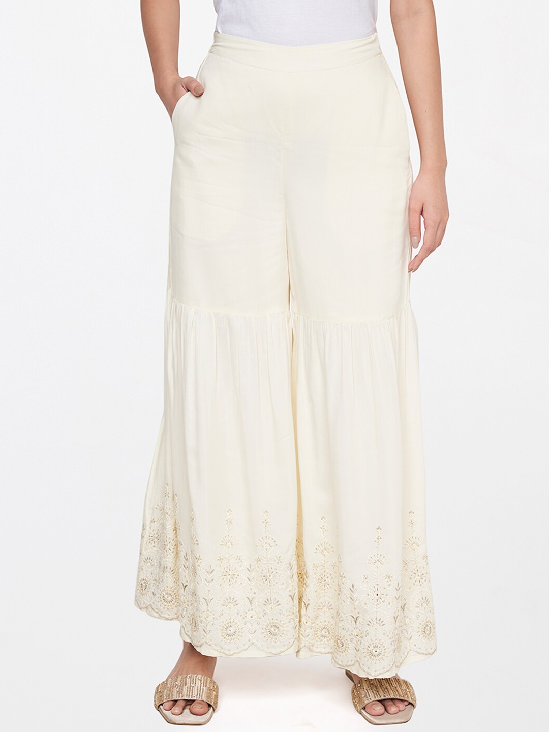 

Global Desi Women Off White Embroidered Trousers