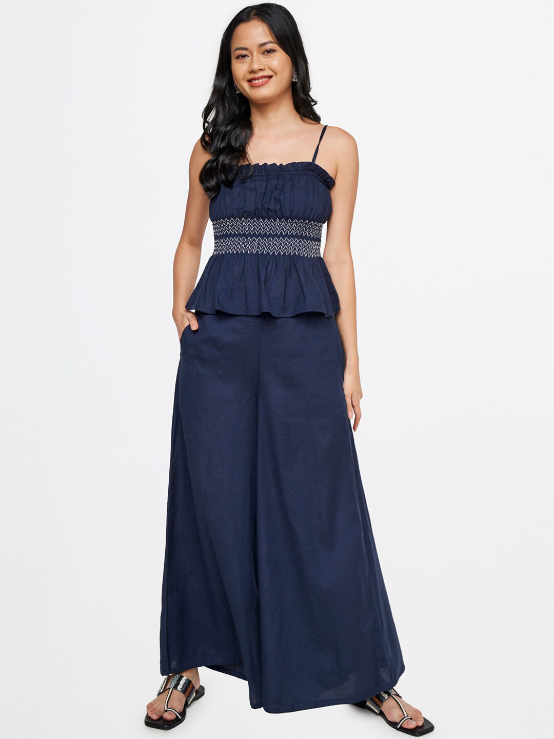 

Global Desi Women Navy Blue Top with Palazzos