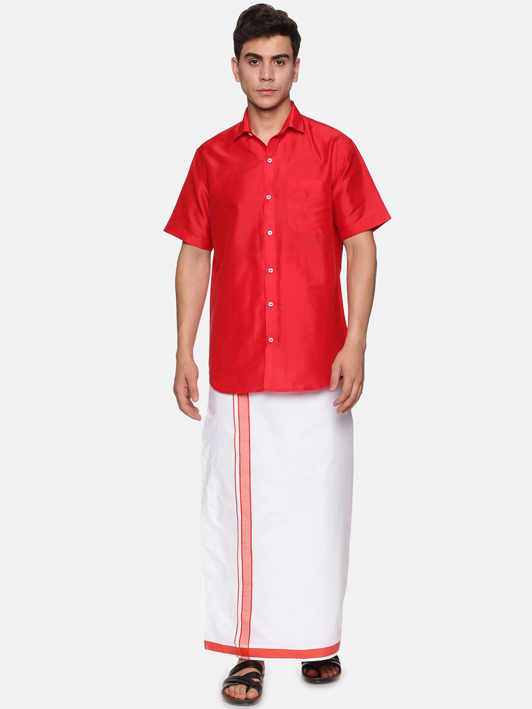 

Sethukrishna Men Red & White Solid Short Sleeves Shirt with Dhoti