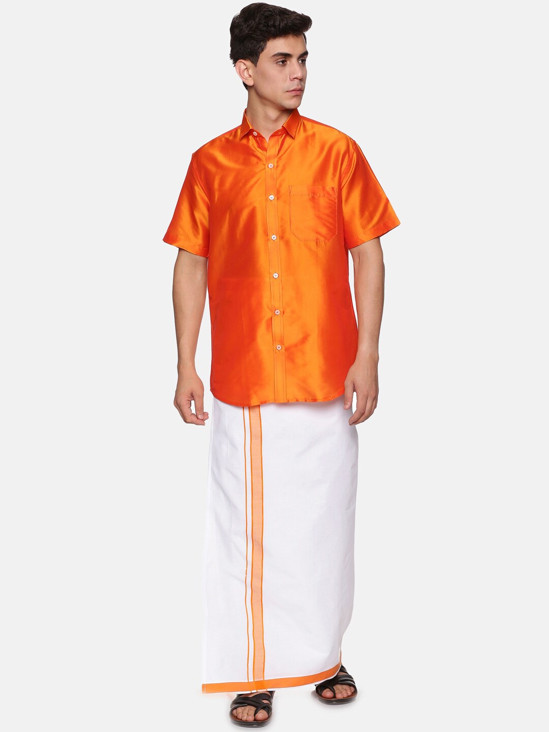 

Sethukrishna Men Orange & White Shirt with Dhoti set
