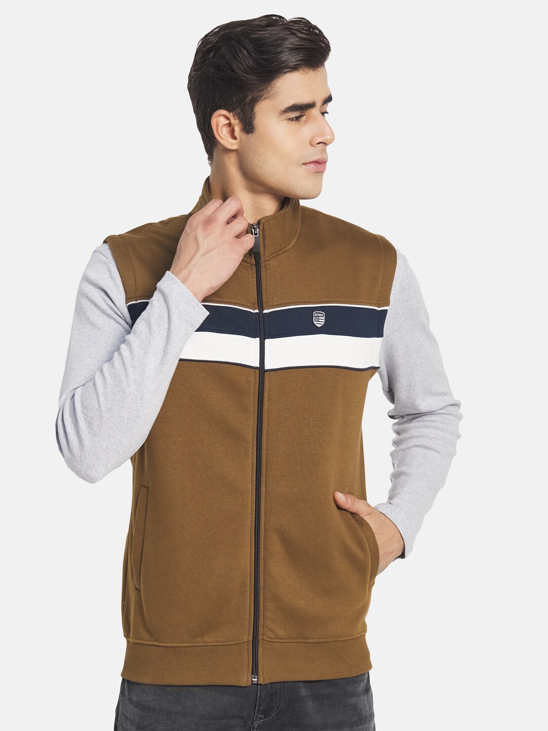 

Octave Men Plus Size Brown Striped Front Open Sweater
