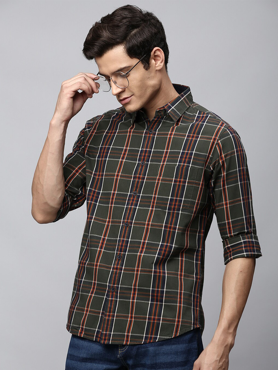 

Dennis Lingo Men Green Slim Fit Tartan Checks Cotton Casual Shirt