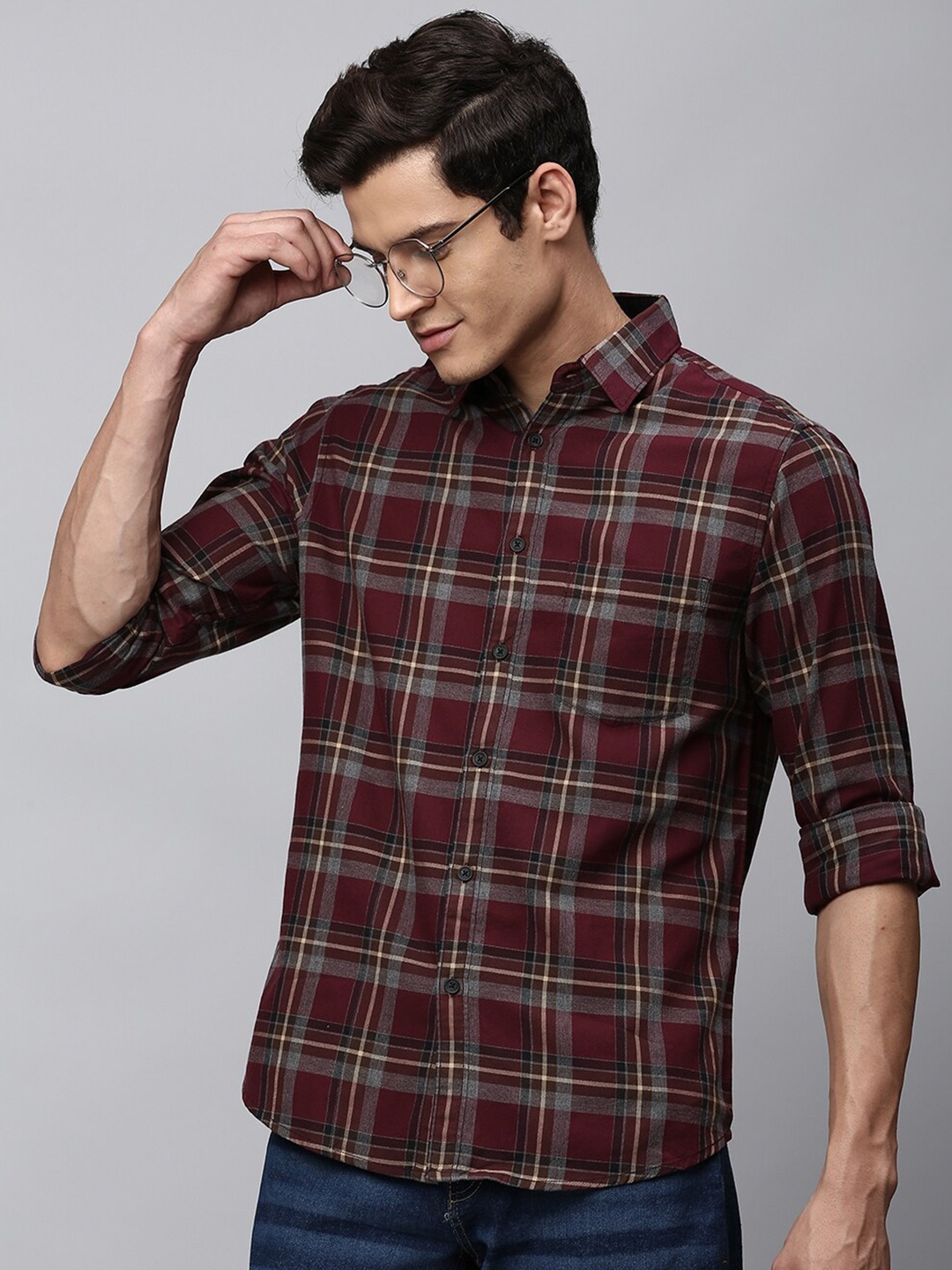 

Dennis Lingo Men Maroon Slim Fit Tartan Checks Checked Casual Shirt