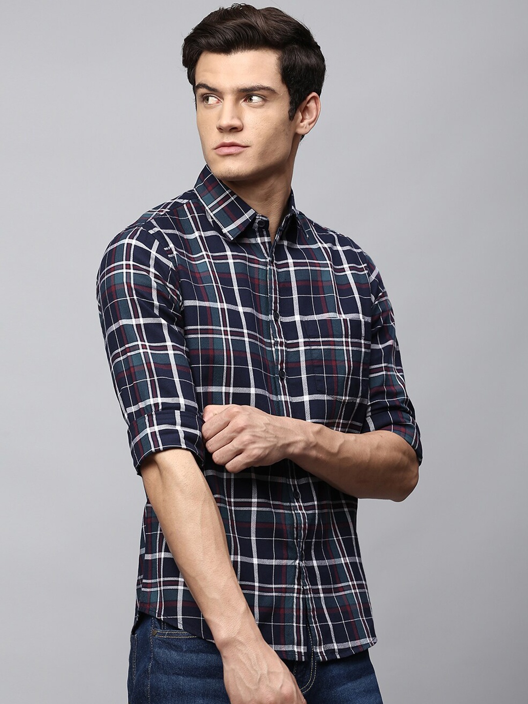 

Dennis Lingo Men Navy Blue Slim Fit Tartan Checked Casual Cotton Shirt