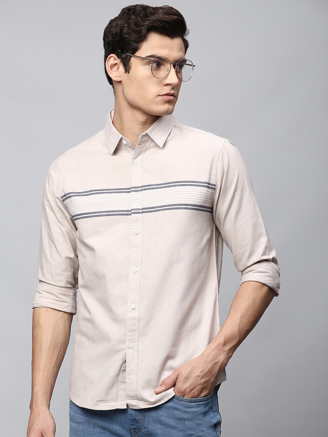

Dennis Lingo Men Grey Slim Fit Horizontal Stripes Striped Casual Shirt