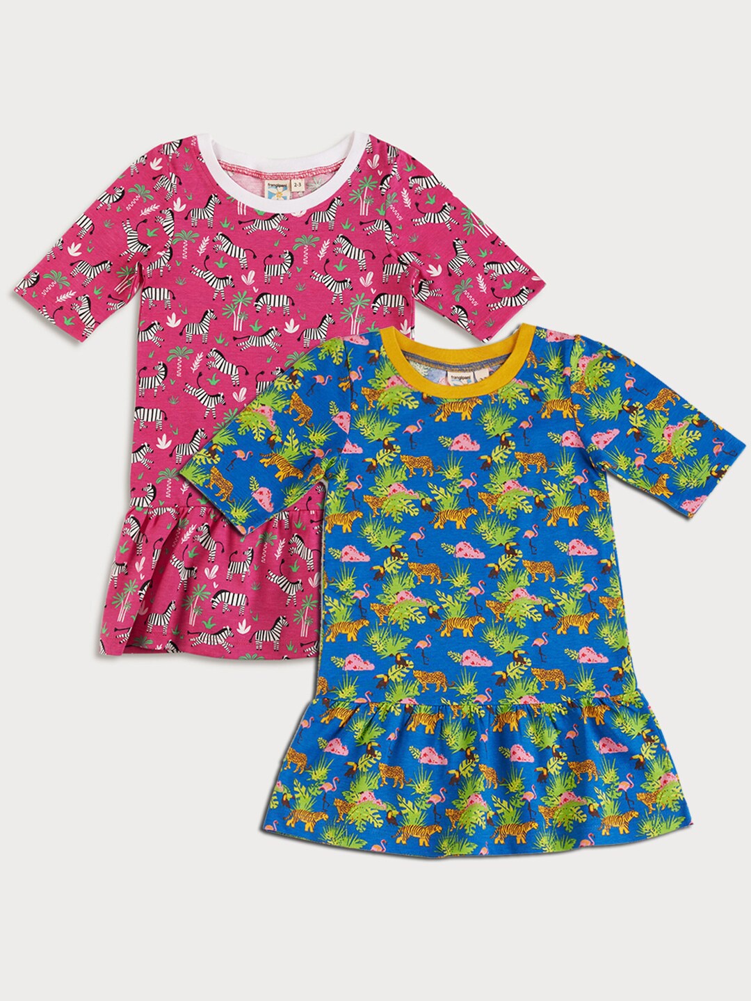 

frangipani Girls Pack Of 2 Pink & Blue Printed Cotton Drop-Waist Mini Dress