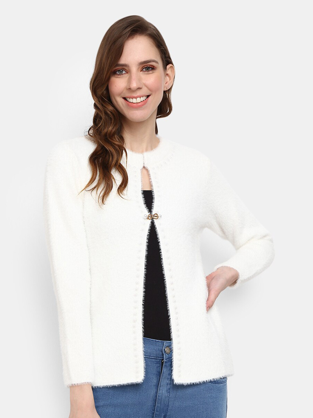 

V-Mart Women White Ethnic Solid Hair Round Neck Cardigan Sweatshirt