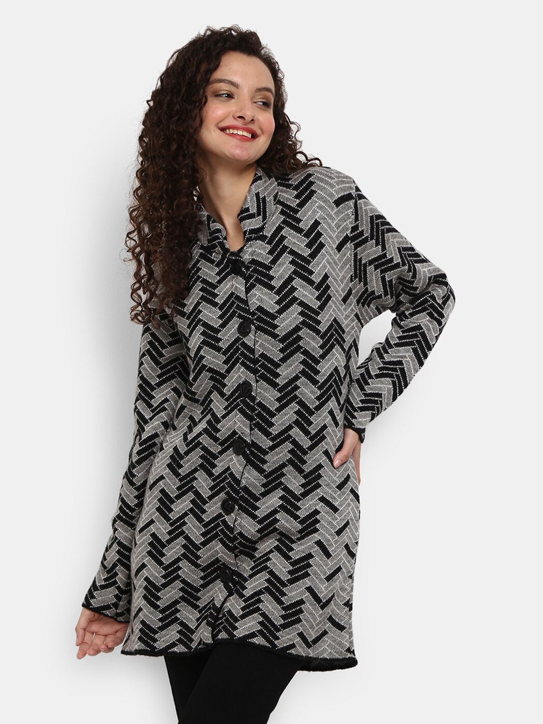 

V-Mart Women Black Chevron Cotton Longline Cardigan