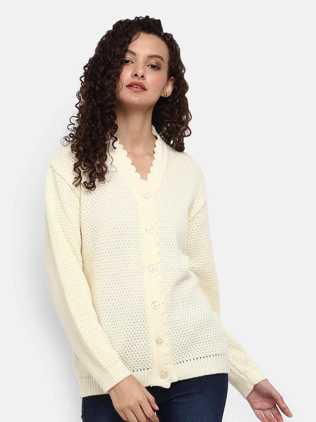 

V-Mart Women Off White Self Design Cardigan