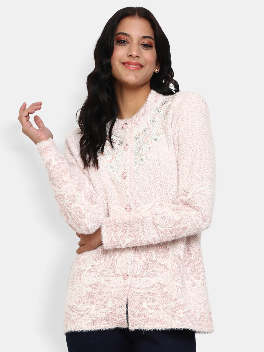 

V-Mart Women Pink Embroidered Cardigan