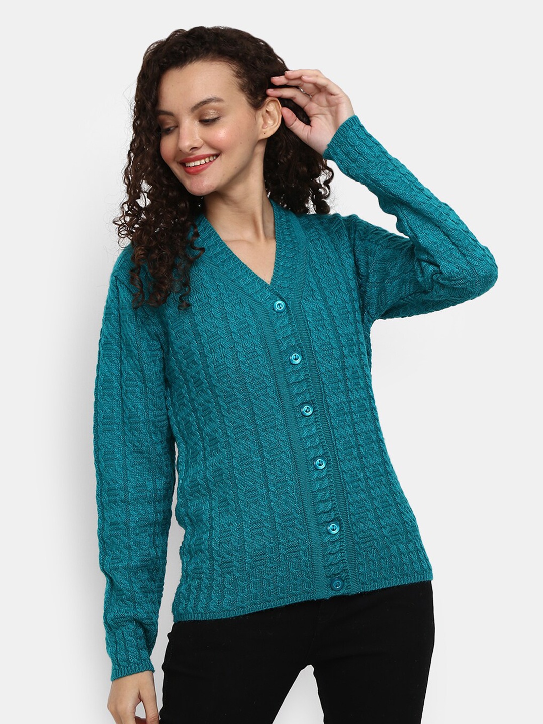 

V-Mart Women Teal Self Design V Neck Cardigan