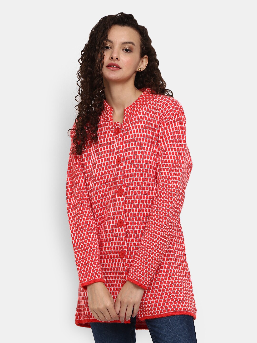 

V-Mart Women Coral Checked Cardigan