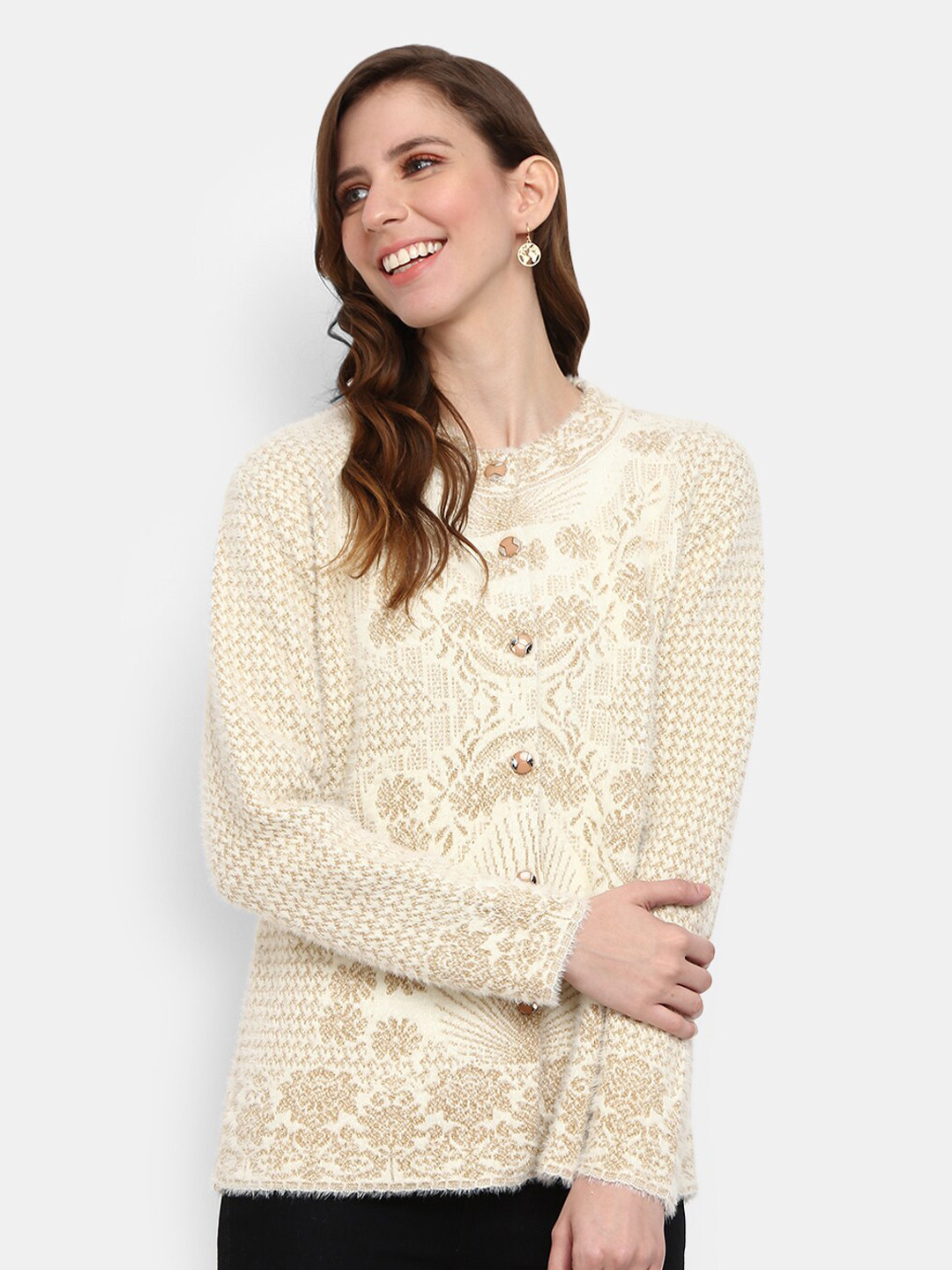 

V-Mart Women Cream Round Neck Cardigan