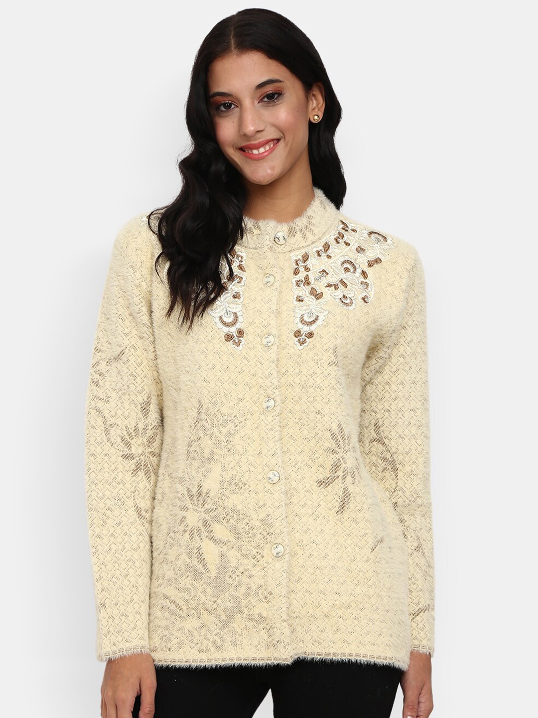 

V-Mart Women Beige Floral Longline Cardigan