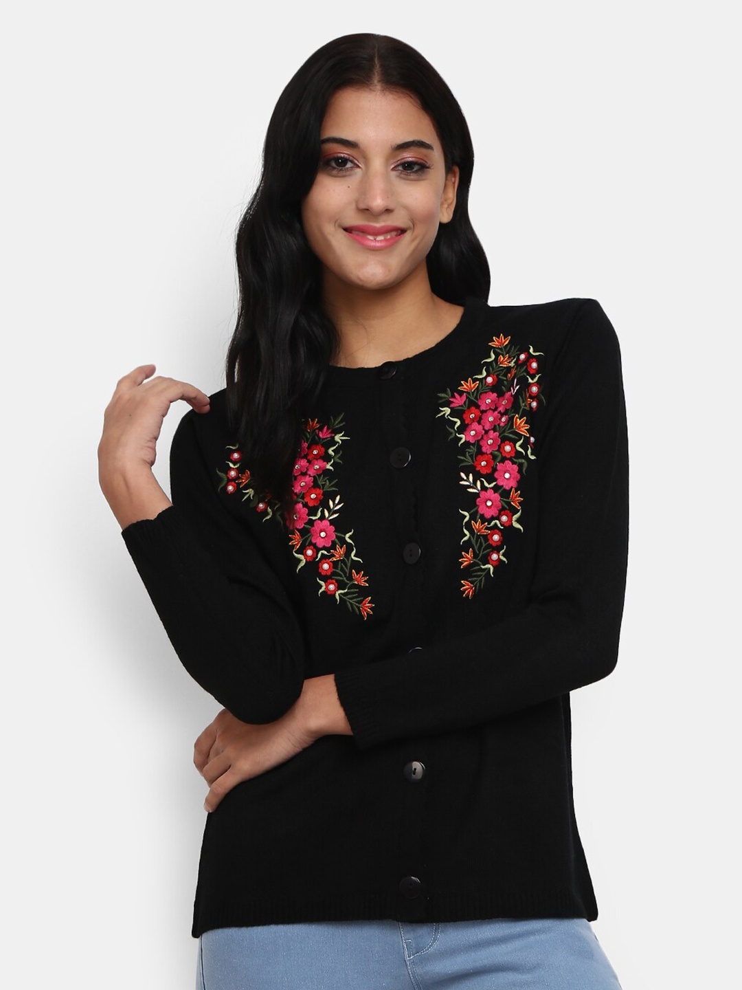 

V-Mart Women Black Embroidered Cardigan