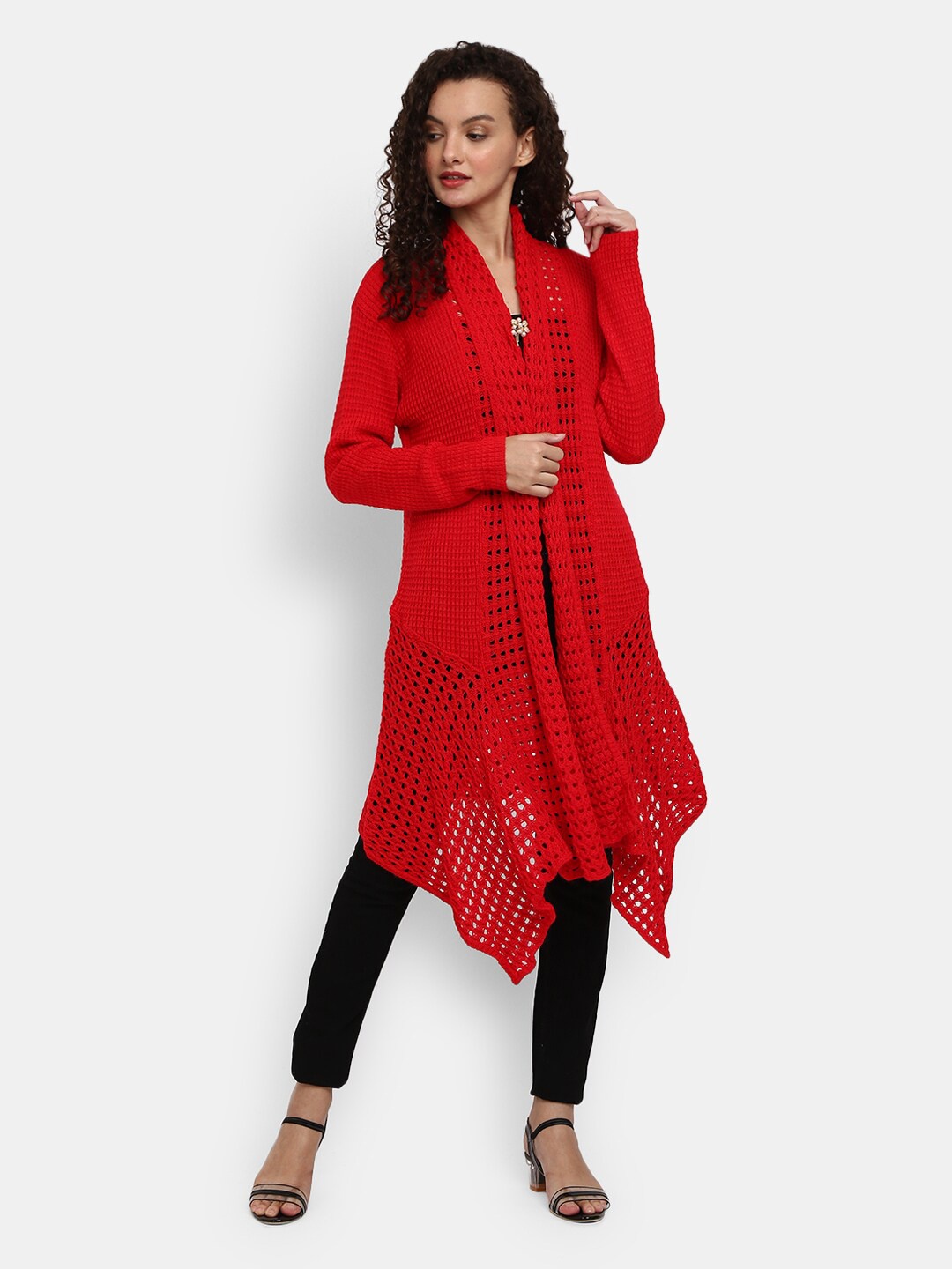 

V-Mart Women Red Cable Knit Cotton Longline Cardigan