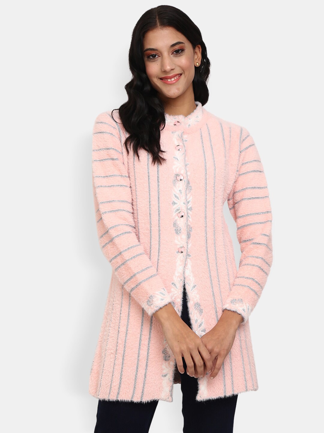 

V-Mart Women Peach-Coloured Striped Self Design Jacquard Round Neck Cardigan Sweatshirt